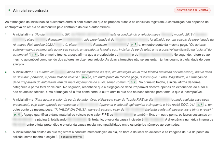 Section 5: the complaint's internal contradictions, cited and paginated.