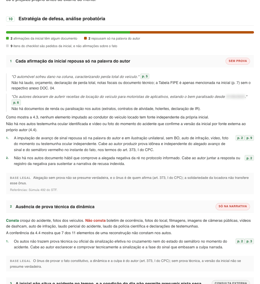 Section 10: defense strategy, with legal basis per thesis.