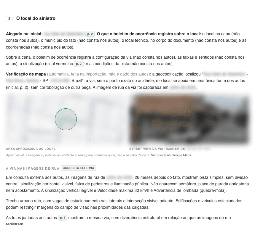 The accident site section of a generated dossier